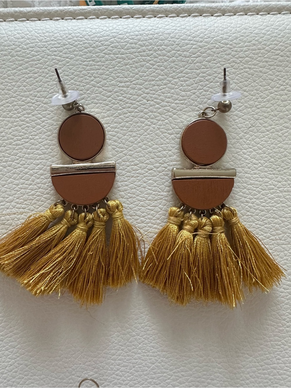 Gold Tassel Drop Earrings with Brown Accents